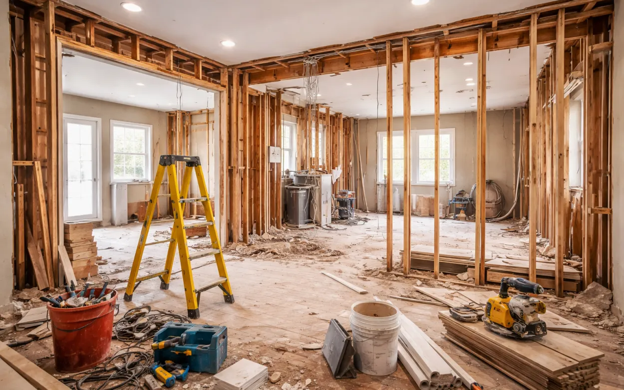 A home mid-renovation with open stud walls and tools on the floor